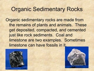 Organic Sedimentary Rocks
Organic sedimentary rocks are made from
the remains of plants and animals. These
get deposited, compacted, and cemented
just like rock sediments. Coal and
limestone are two examples. Sometimes
limestone can have fossils in it.
Coal
Limestone
 