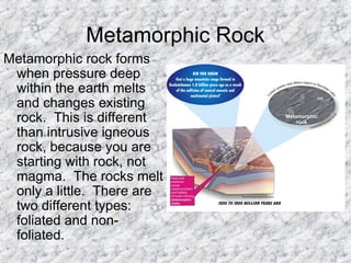 Metamorphic Rock
Metamorphic rock forms
when pressure deep
within the earth melts
and changes existing
rock. This is different
than intrusive igneous
rock, because you are
starting with rock, not
magma. The rocks melt
only a little. There are
two different types:
foliated and non-
foliated.
 