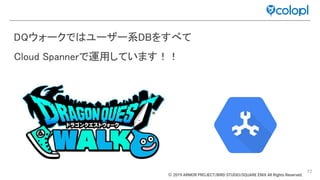 77
DQウォークで ユーザー系DBをすべて 
Cloud Spannerで運用しています！！ 
© 2019 ARMOR PROJECT/BIRD STUDIO/SQUARE ENIX All Rights Reserved.
 