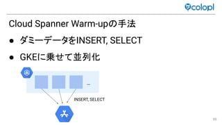 89
Cloud Spanner Warm-up 手法
● ダミーデータをINSERT, SELECT
● GKEに乗せて並列化
…
INSERT, SELECT
 