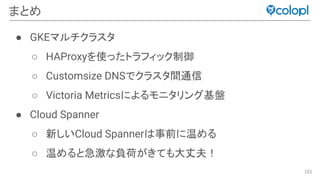101
まとめ
● GKEマルチクラスタ
○ HAProxyを使ったトラフィック制御
○ Customsize DNSでクラスタ間通信
○ Victoria Metricsによるモニタリング基盤
● Cloud Spanner
○ 新しいCloud Spanner 事前に温める
○ 温めると急激な負荷がきても大丈夫！
 