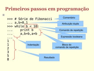 Primeiros passos em programação

                                          Comentário
    >>> # Série de Fibonacci
    ... a,b=0,1                          Atribuição dupla
    >>> while b < 10:
    ...    print b                     Comando de repetição
    ...    a,b=b,a+b
    ...                                 Expressão booleana
    1
    1          Indentação                Bloco do
                                    comando de repetição
    2
    3
    5                     Resultado
    8
 