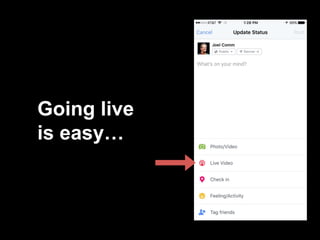 Why Facebook Live?
• Over 1.8 Billion People on Facebook
• Instant Global Audience
• Zuckerberg is ALL-IN on Live Video
• ...
