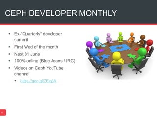 CEPH DEVELOPER MONTHLY
8
 Ex-“Quarterly” developer
summit
 First Wed of the month
 Next 01 June
 100% online (Blue Jeans / IRC)
 Videos on Ceph YouTube
channel
 https://goo.gl/7Eig8A
 