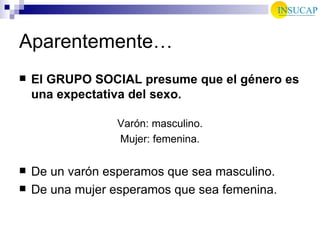 Aparentemente… El GRUPO SOCIAL presume que el género es una expectativa del sexo. Varón: masculino. Mujer: femenina. De un varón esperamos que sea masculino. De una mujer esperamos que sea femenina.  