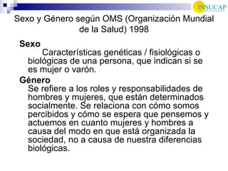 Sexo Características genéticas / fisiológicas o biológicas de una persona, que indican si se es mujer o varón. Género Se refiere a los roles y responsabilidades de hombres y mujeres, que están determinados socialmente. Se relaciona con cómo somos percibidos y cómo se espera que pensemos y actuemos en cuanto mujeres y hombres a causa del modo en que está organizada la sociedad, no a causa de nuestra diferencias biológicas. Sexo y Género según OMS (Organización Mundial de la Salud) 1998 