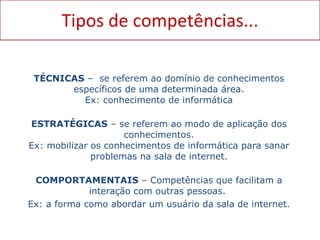 Tipos de competências... TÉCNICAS  –  se referem ao domínio de conhecimentos específicos de uma determinada área. Ex: conhecimento de informática ESTRATÉGICAS  – se referem ao modo de aplicação dos conhecimentos. Ex: mobilizar os conhecimentos de informática para sanar problemas na sala de internet. COMPORTAMENTAIS  – Competências que facilitam a interação com outras pessoas.  Ex: a forma como abordar um usuário da sala de internet. 