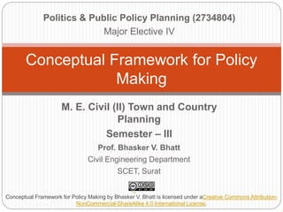 M. E. Civil (II) Town and Country
Planning
Semester – III
Conceptual Framework for Policy
Making
Prof. Bhasker V. Bhatt
Civil Engineering Department
SCET, Surat
Politics & Public Policy Planning (2734804)
Major Elective IV
Conceptual Framework for Policy Making by Bhasker V. Bhatt is licensed under aCreative Commons Attribution-
NonCommercial-ShareAlike 4.0 International License.
 