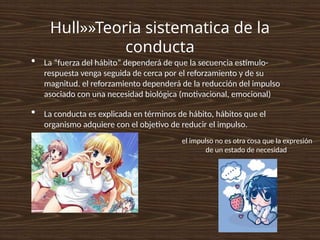 Hull»»Teoria sistematica de la
conducta
• La “fuerza del hábito” dependerá de que la secuencia estímulo-
respuesta venga seguida de cerca por el reforzamiento y de su
magnitud. el reforzamiento dependerá de la reducción del impulso
asociado con una necesidad biológica (motivacional, emocional)
• La conducta es explicada en términos de hábito, hábitos que el
organismo adquiere con el objetivo de reducir el impulso.
el impulso no es otra cosa que la expresión
de un estado de necesidad
 