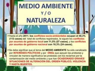 Hasta el año 2011, los conflictos socio-ambientales ocupan el 48,3%
(113 casos) del total de conflictos registrados, le siguen los conflictos
por asuntos de gobierno local con 11,5% (27 casos), y los conflictos
por asuntos de gobierno nacional con 10,3% (24 casos).
Se debe significar que el tema del MEDIO AMBIENTE ha sido canalizado
por INTERESES POLÍTICOS y por ONGs que apoyan las protestas y
vinculan de manera significativa las protestas con los reclamos por la
contaminación del medio ambiente y que han OCASIONADO GRAVES
SITUACIONES DE ALTERACIÓN DEL ORDEN PÚBLICO, VIOLENCIA
Y HASTA MUERTES.
 