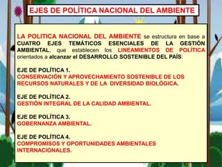 EJES DE POLÍTICA NACIONAL DEL AMBIENTE
LA POLITICA NACIONAL DEL AMBIENTE se estructura en base a
CUATRO EJES TEMÁTICOS ESENCIALES DE LA GESTIÓN
AMBIENTAL, que establecen los LINEAMIENTOS DE POLÍTICA
orientados a alcanzar el DESARROLLO SOSTENIBLE DEL PAÍS:
EJE DE POLÍTICA 1.
CONSERVACIÓN Y APROVECHAMIENTO SOSTENIBLE DE LOS
RECURSOS NATURALES Y DE LA DIVERSIDAD BIOLÓGICA.
EJE DE POLÍTICA 2.
GESTIÓN INTEGRAL DE LA CALIDAD AMBIENTAL.
EJE DE POLÍTICA 3.
GOBERNANZA AMBIENTAL.
EJE DE POLÍTICA 4.
COMPROMISOS Y OPORTUNIDADES AMBIENTALES
INTERNACIONALES.
 