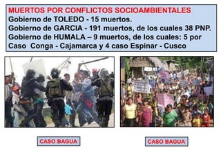 MUERTOS POR CONFLICTOS SOCIOAMBIENTALES
Gobierno de TOLEDO - 15 muertos.
Gobierno de GARCIA - 191 muertos, de los cuales 38 PNP.
Gobierno de HUMALA – 9 muertos, de los cuales: 5 por
Caso Conga - Cajamarca y 4 caso Espinar - Cusco
CASO BAGUA CASO BAGUA
 