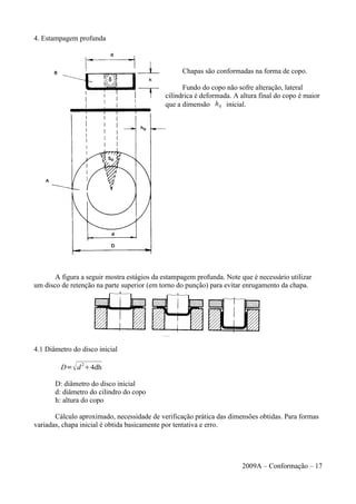 4. Estampagem profunda
Chapas são conformadas na forma de copo.
Fundo do copo não sofre alteração, lateral
cilíndrica é deformada. A altura final do copo é maior
que a dimensão h0 inicial.
A figura a seguir mostra estágios da estampagem profunda. Note que é necessário utilizar
um disco de retenção na parte superior (em torno do punção) para evitar enrugamento da chapa.
4.1 Diâmetro do disco inicial
D=d
2
4dh
D: diâmetro do disco inicial
d: diâmetro do cilindro do copo
h: altura do copo
Cálculo aproximado, necessidade de verificação prática das dimensões obtidas. Para formas
variadas, chapa inicial é obtida basicamente por tentativa e erro.
2009A – Conformação – 17
 