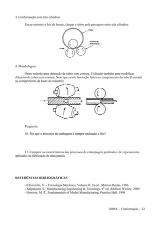 3. Conformação com três cilindros
Encurvamento a frio de barras, chapas e tubos pela passagem entre três cilindros
4. Mandrilagem
Outro método para obtenção de tubos sem costura. Utilizado também para modificar
diâmetro de tubos sem costura. Note que existe limitação física no comprimento do tubo (limitado
ao comprimento da haste do mandril).
Perguntas:
16. Por que o processo de cunhagem é sempre realizado a frio?
17. Compare as características dos processos de estampagem profunda e de repuxamento
aplicados na fabricação de uma panela.
REFERÊNCIAS BIBLIOGRÁFICAS
- Chiaverini, V. - Tecnologia Mecânica, Volume II, 2a ed., Makron Books, 1986
- Kalpakjian, S., Manufacturing Engineering & Tecnology, 4th
ed, Addison Wesley, 2000
- Groover, M. P., Fundamentals of Moder Manufacturing, Prentice Hall, 1996
2009A – Conformação – 22
 