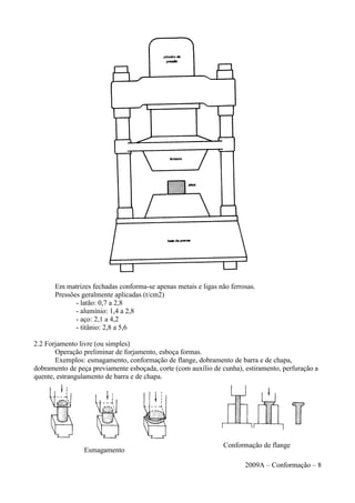 Em matrizes fechadas conforma-se apenas metais e ligas não ferrosas.
Pressões geralmente aplicadas (t/cm2)
- latão: 0,7 a 2,8
- alumínio: 1,4 a 2,8
- aço: 2,1 a 4,2
- titânio: 2,8 a 5,6
2.2 Forjamento livre (ou simples)
Operação preliminar de forjamento, esboça formas.
Exemplos: esmagamento, conformação de flange, dobramento de barra e de chapa,
dobramento de peça previamente esboçada, corte (com auxílio de cunha), estiramento, perfuração a
quente, estrangulamento de barra e de chapa.
2009A – Conformação – 8
Conformação de flange
Esmagamento
 