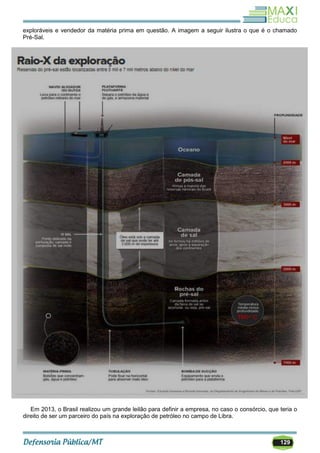 129
exploráveis e vendedor da matéria prima em questão. A imagem a seguir ilustra o que é o chamado
Pré-Sal.
Em 2013, o Brasil realizou um grande leilão para definir a empresa, no caso o consórcio, que teria o
direito de ser um parceiro do país na exploração de petróleo no campo de Libra.
 