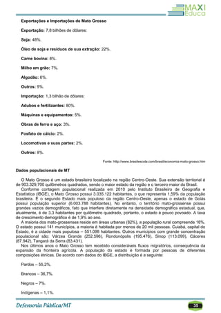 35
Exportações e Importações de Mato Grosso
Exportação: 7,8 bilhões de dólares:
Soja: 48%.
Óleo de soja e resíduos de sua extração: 22%.
Carne bovina: 8%.
Milho em grão: 7%.
Algodão: 6%.
Outros: 9%.
Importação: 1,3 bilhão de dólares:
Adubos e fertilizantes: 80%.
Máquinas e equipamentos: 5%.
Obras de ferro e aço: 3%.
Fosfato de cálcio: 2%.
Locomotivas e suas partes: 2%.
Outros: 8%.
Fonte: http://www.brasilescola.com/brasil/economia-mato-grosso.htm
Dados populacionais de MT
O Mato Grosso é um estado brasileiro localizado na região Centro-Oeste. Sua extensão territorial é
de 903.329,700 quilômetros quadrados, sendo o maior estado da região e o terceiro maior do Brasil.
Conforme contagem populacional realizada em 2010 pelo Instituto Brasileiro de Geografia e
Estatística (IBGE), o Mato Grosso possui 3.035.122 habitantes, o que representa 1,59% da população
brasileira. É o segundo Estado mais populoso da região Centro-Oeste, apenas o estado de Goiás
possui população superior (6.003.788 habitantes). No entanto, o território mato-grossense possui
grandes vazios demográficos, fato que interfere diretamente na densidade demográfica estadual, que,
atualmente, é de 3,3 habitantes por quilômetro quadrado, portanto, o estado é pouco povoado. A taxa
de crescimento demográfico é de 1,9% ao ano.
A maioria dos mato-grossenses reside em áreas urbanas (82%), a população rural compreende 18%.
O estado possui 141 municípios, a maioria é habitada por menos de 20 mil pessoas. Cuiabá, capital do
Estado, é a cidade mais populosa – 551.098 habitantes. Outros municípios com grande concentração
populacional são: Várzea Grande (252.596), Rondonópolis (195.476), Sinop (113.099), Cáceres
(87.942), Tangará da Serra (83.431).
Nos últimos anos o Mato Grosso tem recebido consideráveis fluxos migratórios, consequência da
expansão da fronteira agrícola. A população do estado é formada por pessoas de diferentes
composições étnicas. De acordo com dados do IBGE, a distribuição é a seguinte:
Pardos – 55,2%.
Brancos – 36,7%.
Negros – 7%.
Indígenas – 1,1%.
 