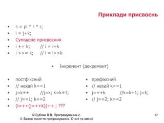 Приклади присвоєнь s = pi * r * r; i = j+k; Суміщене присвоєння i += k; // i = i+k i >>= k; // i = i>>k Інкремент (декремент)  постфіксний // нехай k==1 j=k++ //j=k; k=k+1; // j==1; k==2 (i=++(j=++k))++  ; ??? префіксний // нехай k==1 j=++k  //k=k+1; j=k; // j==2; k==2 