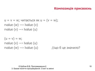 Композиція присвоєнь u = v = w;  читається як  u =  ( v = w ) ; rvalue (w)  ―›  lvalue (v) rvalue (v)  ―›  lvalue (u) (u = v) = w; rvalue (v)  ―›  lvalue (u) rvalue (w)  ―›  lvalue (u) // що б це значило? 