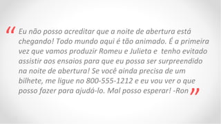 “   Eu não posso acreditar que a noite de abertura está
    chegando! Todo mundo aqui é tão animado. É a primeira
    vez que vamos produzir Romeu e Julieta e tenho evitado
    assistir aos ensaios para que eu possa ser surpreendido
    na noite de abertura! Se você ainda precisa de um
    bilhete, me ligue no 800-555-1212 e eu vou ver o que

                                                     ”
    posso fazer para ajudá-lo. Mal posso esperar! -Ron
 