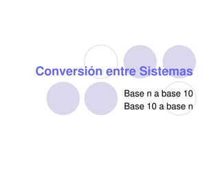 Conversión entre Sistemas
Base n a base 10
Base 10 a base n
 