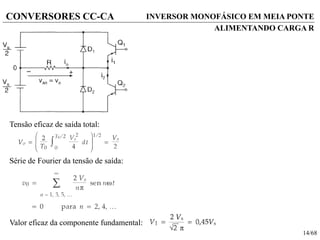 14/68
CONVERSORES CC-CA
Tensão eficaz de saída total:
Série de Fourier da tensão de saída:
Valor eficaz da componente fundamental:
INVERSOR MONOFÁSICO EM MEIA PONTE
ALIMENTANDO CARGA R
 