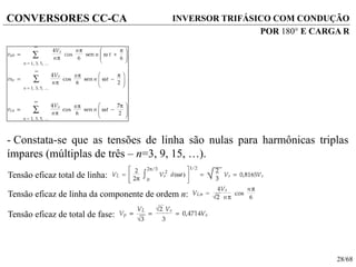 28/68
CONVERSORES CC-CA
- Constata-se que as tensões de linha são nulas para harmônicas triplas
ímpares (múltiplas de três – n=3, 9, 15, ).
Tensão eficaz total de linha:
Tensão eficaz de linha da componente de ordem n:
Tensão eficaz de total de fase:
INVERSOR TRIFÁSICO COM CONDUÇÃO
POR 180 E CARGA R
 
