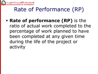 Rate of Performance (RP) 
 Rate of performance (RP) is the 
ratio of actual work completed to the 
percentage of work planned to have 
been completed at any given time 
during the life of the project or 
activity 
 
