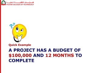 Quick Example 
A PROJECT HAS A BUDGET OF 
$100,000 AND 12 MONTHS TO 
COMPLETE 
 