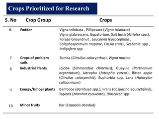 S. No Crop Group Crops
6. Fodder Vigna trilobata , Pillipasara (Vigna trilobata)
Vigna glabrescens, Eupatorium, Salt bush (Atriplex spp.),
Forage Groundnut , Leucaena leucocephala ,
Colophospermum mopane, Cassia sturtii, Sesbania spp.,
Indigofera spp.
7 Crops of problem
soils
Tumba (Citrullus colocynthus), Vigna marina
8 Industrial Plants Jojoba (Simmondsia chinensis), Guayule (Parthenium
argentatum), Jatropha (Jatropha curcas), Bitter apple
(Citrullus colosymthis), Euphorbia spp. Lana (Haloxylon
salicornicum)
9 Energy/timber plants Bamboos (Bambusa spp.), Frans (Casuarina equisetifolia),
Tapioca (Manihot esculenta), Dioscorea spp.
10 Minor fruits Ker (Capparis decidua)
Crops Prioritized for Research
 