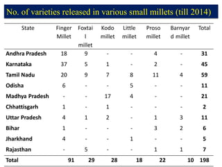 No. of varieties released in various small millets (till 2014)
State Finger
Millet
Foxtai
l
millet
Kodo
millet
Little
millet
Proso
millet
Barnyar
d millet
Total
Andhra Pradesh 18 9 ‐ ‐ 4 ‐ 31
Karnataka 37 5 1 ‐ 2 ‐ 45
Tamil Nadu 20 9 7 8 11 4 59
Odisha 6 ‐ ‐ 5 ‐ ‐ 11
Madhya Pradesh ‐ ‐ 17 4 ‐ ‐ 21
Chhattisgarh 1 ‐ 1 ‐ ‐ ‐ 2
Uttar Pradesh 4 1 2 ‐ 1 3 11
Bihar 1 ‐ ‐ ‐ 3 2 6
Jharkhand 4 ‐ ‐ 1 ‐ ‐ 5
Rajasthan ‐ 5 ‐ ‐ 1 1 7
Total 91 29 28 18 22 10 198
 