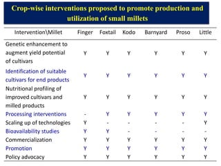Crop-wise interventions proposed to promote production and
utilization of small millets
InterventionMillet Finger Foxtail Kodo Barnyard Proso Little
Genetic enhancement to
augment yield potential
of cultivars
Y Y Y Y Y Y
Identification of suitable
cultivars for end products
Y Y Y Y Y Y
Nutritional profiling of
improved cultivars and
milled products
Y Y Y Y Y Y
Processing interventions - Y Y Y Y Y
Scaling up of technologies Y - - - - Y
Bioavailability studies Y Y - - - -
Commercialization Y Y Y Y Y Y
Promotion Y Y Y Y Y Y
Policy advocacy Y Y Y Y Y Y
 