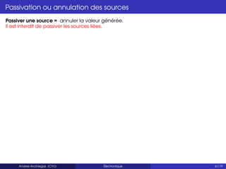 Passivation ou annulation des sources
Passiver une source = annuler la valeur générée.
Il est interdit de passiver les sources liées.
Andres Arciniegas (CYU) Électronique 6 / 19
 