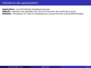 Théorème de superposition
Applications : circuits linéaires à plusieurs sources.
Objectif : exprimer une grandeur du circuit en fonction de toutes les sources.
Utilisation : remplacer un calcul compliqué par une somme de calculs élémentaires.
Andres Arciniegas (CYU) Électronique 8 / 19
 