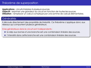 Théorème de superposition
Applications : circuits linéaires à plusieurs sources.
Objectif : exprimer une grandeur du circuit en fonction de toutes les sources.
Utilisation : remplacer un calcul compliqué par une somme de calculs élémentaires.
Généralités
Il découle directement des propriétés de linéarité. Ce théorème s’applique donc aux
réseaux qui comportent plusieurs générateurs.
Si les générateurs dans le circuit sont indépendants :
la ddp aux bornes d’une branche est une combinaison linéaire des sources.
l’intensité dans cette branche est une combinaison linéaire des sources.
Andres Arciniegas (CYU) Électronique 8 / 19
 