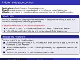Théorème de superposition
Applications : circuits linéaires à plusieurs sources.
Objectif : exprimer une grandeur du circuit en fonction de toutes les sources.
Utilisation : remplacer un calcul compliqué par une somme de calculs élémentaires.
Généralités
Il découle directement des propriétés de linéarité. Ce théorème s’applique donc aux
réseaux qui comportent plusieurs générateurs.
Si les générateurs dans le circuit sont indépendants :
la ddp aux bornes d’une branche est une combinaison linéaire des sources.
l’intensité dans cette branche est une combinaison linéaire des sources.
Principe de résolution
Pour une branche qui nous intéresse ;
1 On annule tous les générateurs du circuit sauf un et on calcule la ddp aux bornes de
la branche ou son intensité.
2 On recommence le calcul avec un autre générateur jusqu’à passer en revu tous les
générateurs.
3 Le résultat est la somme de tous les résultats préliminaires.
Andres Arciniegas (CYU) Électronique 8 / 19
 