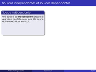 Sources indépendantes et sources dépendantes
Source indépendante
Une source est indépendante lorsque la
grandeur générée n’est pas liée à une
autre valeur dans le circuit.
Andres Arciniegas (CYU) Électronique 5 / 19
 