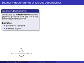 Sources indépendantes et sources dépendantes
Source indépendante
Une source est indépendante lorsque la
grandeur générée n’est pas liée à une
autre valeur dans le circuit.
Exemples :
générateur standard
batteries ou piles
UE
I
Andres Arciniegas (CYU) Électronique 5 / 19
 