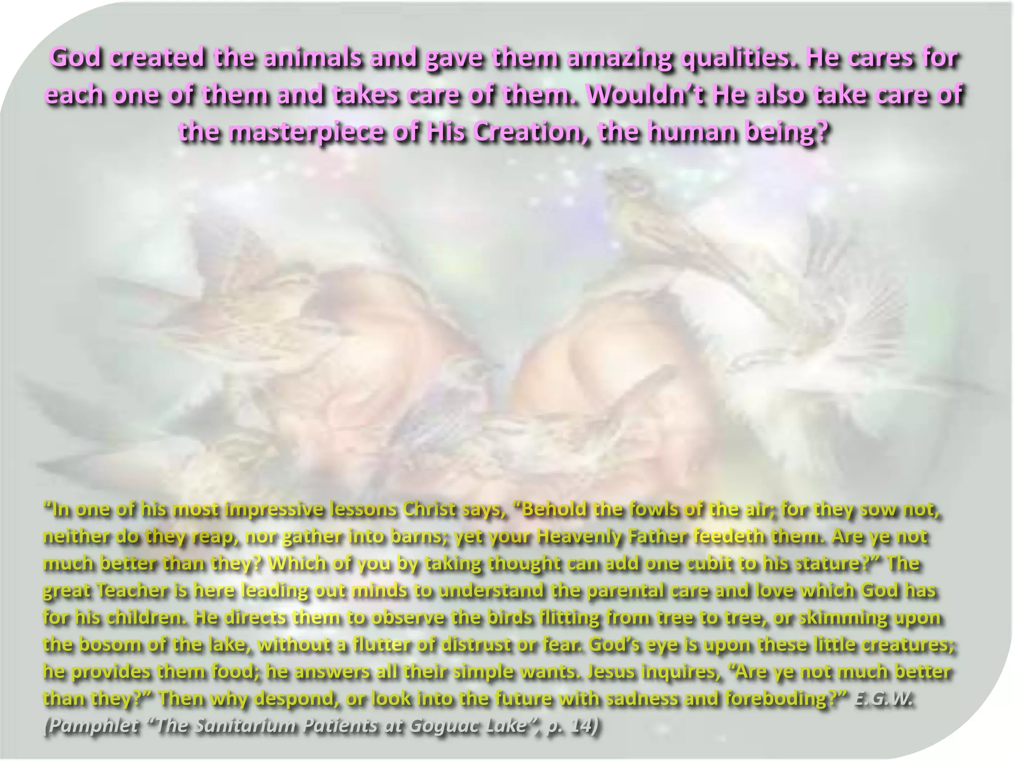 “In one of his most impressive lessons Christ says, “Behold the fowls of the air; for they sow not,
neither do they reap, nor gather into barns; yet your Heavenly Father feedeth them. Are ye not
much better than they? Which of you by taking thought can add one cubit to his stature?” The
great Teacher is here leading out minds to understand the parental care and love which God has
for his children. He directs them to observe the birds flitting from tree to tree, or skimming upon
the bosom of the lake, without a flutter of distrust or fear. God’s eye is upon these little creatures;
he provides them food; he answers all their simple wants. Jesus inquires, “Are ye not much better
than they?” Then why despond, or look into the future with sadness and foreboding?” E.G.W.
(Pamphlet “The Sanitarium Patients at Goguac Lake”, p. 14)
God created the animals and gave them amazing qualities. He cares for
each one of them and takes care of them. Wouldn’t He also take care of
the masterpiece of His Creation, the human being?
 