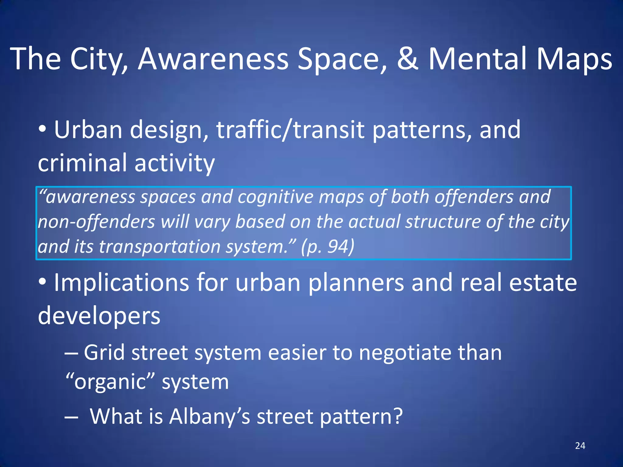 Environmental CriminologyBased in human and social ecology Understand crime, criminality and victimization by examining the physicality in which crimes occurDeterminants of crime: law, offenders, targets, and placesReduce crime opportunities by manipulating space  and place20Paul and Patricia BrantinghamBrantingham, P. J. & Brantingham, P. L. (1991). Environmental Criminology. Prospect Heights, IL: Waveland Press.