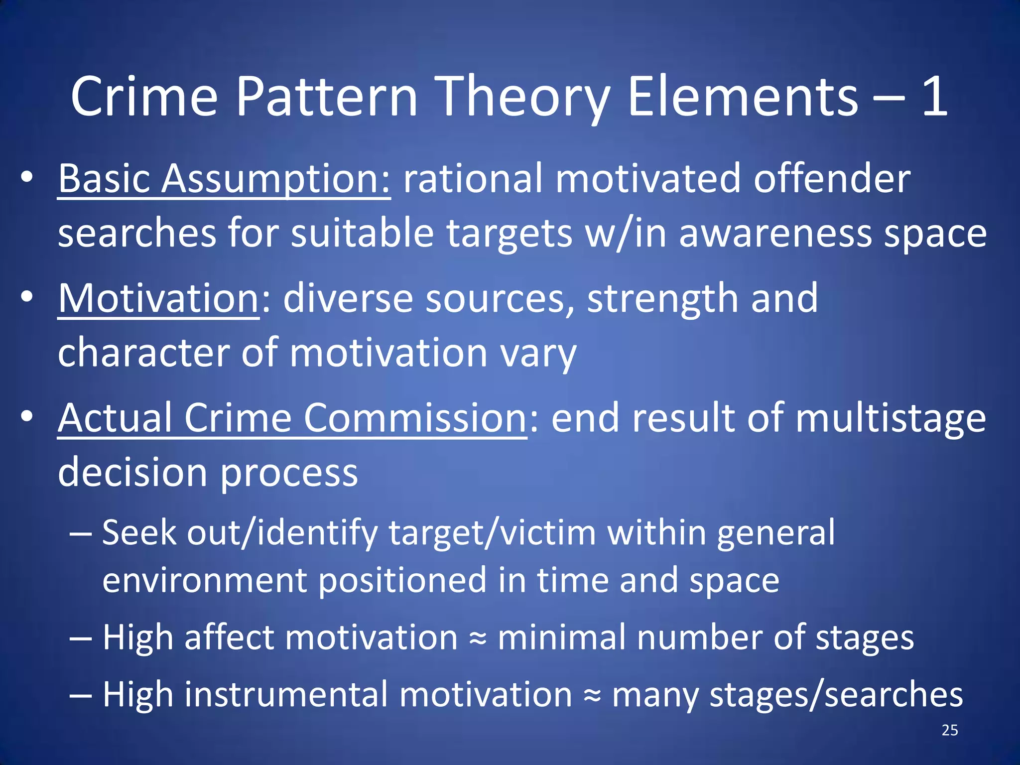 Concepts of Crime Pattern TheoryAction Space– physical spatial patterns in which individuals live their livesNodes – daily places of to/from movementAwareness Space –areas individuals have information about; envelops action spacePaths– routes between personal activity nodesCognitive Map –movements along paths between personal activity nodes about which mental images of the environment are formed21