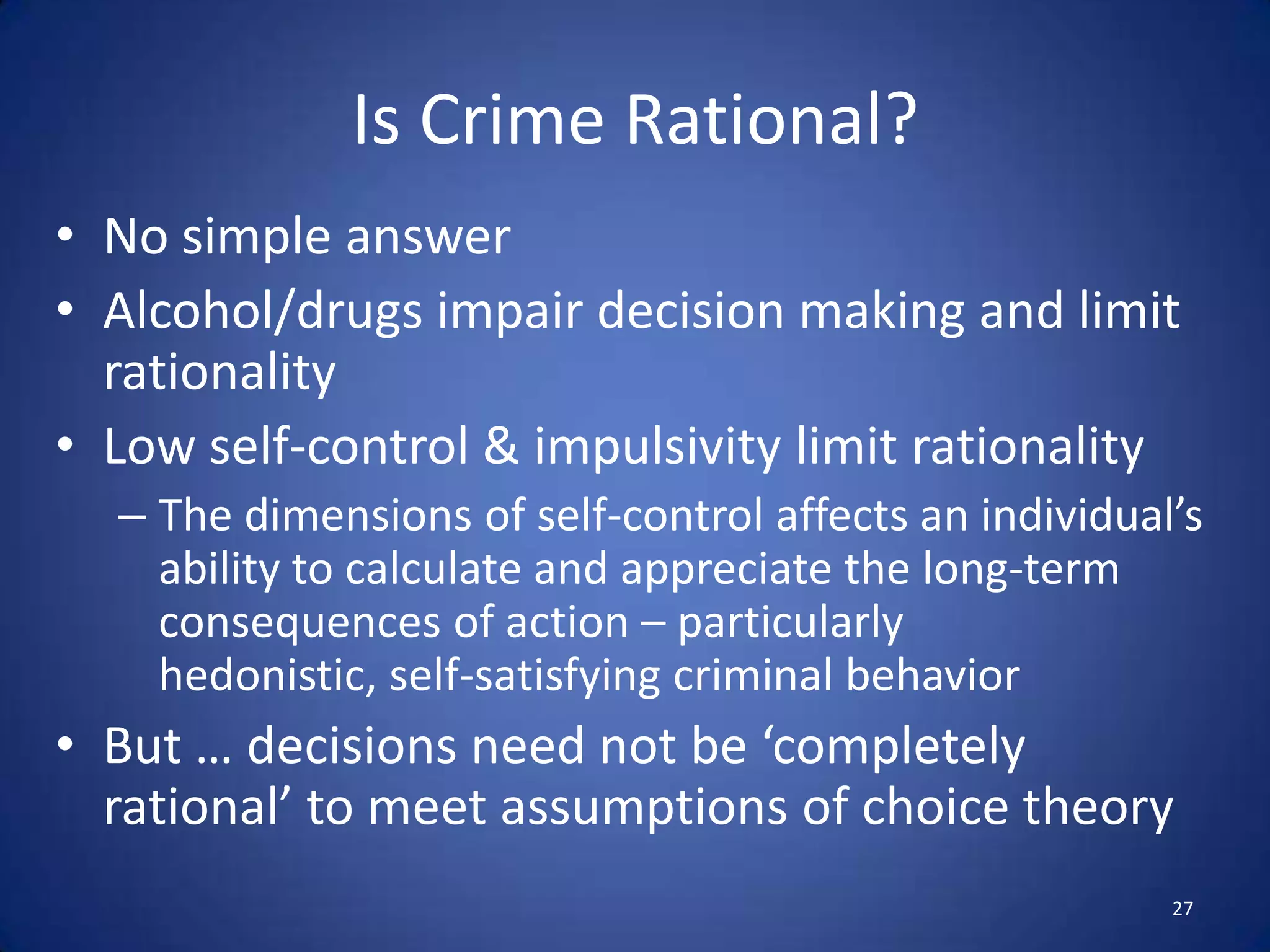 Cognitive MapsMental map derived from awareness spaceDistance decay function– increased distance from activity nodes results in less ‘comfort’Offenders less likely to search for targets, thus committing fewer crimes Distance decay varies by crime type: Expressive (affective) – more spontaneous, emotionalInstrumental  -- buffer zone around home23