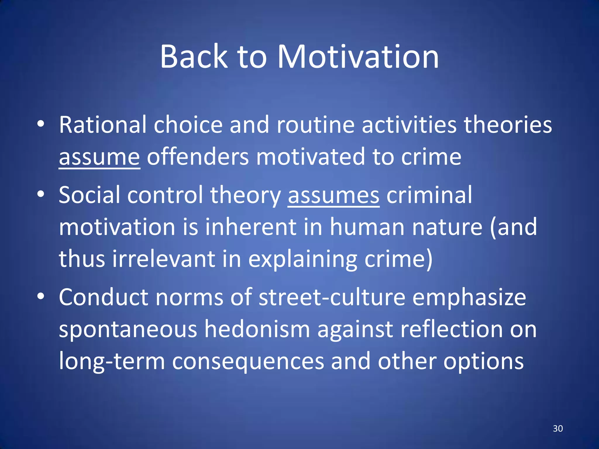 Crime Pattern Theory Elements – 2Environmental Cues: environment emits of physical, spatial, cultural, legal, psychological signalsMay be generalized or detailedCues Aid in Target/Victim Identification: experience or learned social transmissionExperiential Knowledge: cues are basis for ‘template’ for victim/target selectionTemplate Construction & Search Process: conscious or unconscious; once established, becomes fixedClustering of targets/victims:  minimizes number of and helps identify offender ‘templates’26