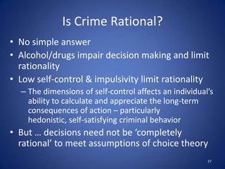 Cognitive MapsMental map derived from awareness spaceDistance decay function– increased distance from activity nodes results in less ‘comfort’Offenders less likely to search for targets, thus committing fewer crimes Distance decay varies by crime type: Expressive (affective) – more spontaneous, emotionalInstrumental  -- buffer zone around home23