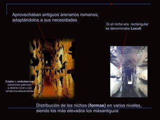 Si el nicho era  rectangular se denominaba  Loculi Cripta s o  ambulacrum (estrechas galerías) a distinto nivel y con tendencia descendente Aprovechaban antiguos arenarios romanos, adaptándolos a sus necesidades Distribución de los nichos ( formae)  en varios niveles, siendo los más elevados los másantiguos 
