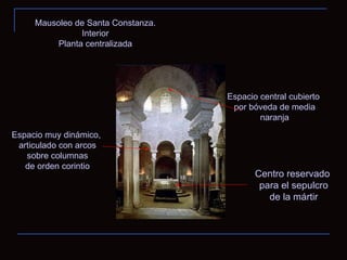 Mausoleo de Santa Constanza. Interior Planta centralizada Espacio muy dinámico, articulado con arcos sobre columnas de orden corintio Espacio central cubierto por bóveda de media naranja Centro reservado para el sepulcro de la mártir 