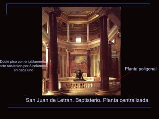 San Juan de Letran. Baptisterio. Planta centralizada Planta poligonal Doble piso con entablamento recto sostenido por 8 columnas en cada uno 