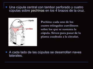 Una cúpula central con tambor perforado y cuatro cúpulas sobre  pechinas  en los 4 brazos de la cruz.  A cada lado de las cúpulas se desarrollan naves laterales.  Pechina: cada uno de los cuatro triángulos curvilíneos sobre los que se sustenta la cúpula. Sirven para pasar de la planta cuadrada a la circular. 