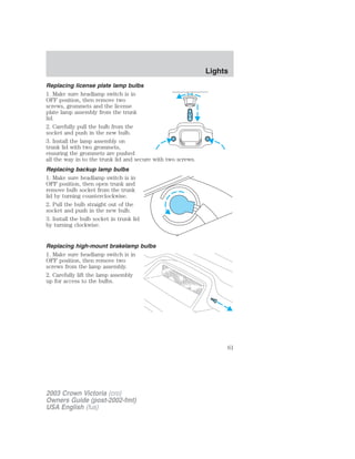 Replacing license plate lamp bulbs 
1. Make sure headlamp switch is in 
OFF position, then remove two 
screws, grommets and the license 
plate lamp assembly from the trunk 
lid. 
2. Carefully pull the bulb from the 
socket and push in the new bulb. 
3. Install the lamp assembly on 
trunk lid with two grommets, 
ensuring the grommets are pushed 
all the way in to the trunk lid and secure with two screws. 
Replacing backup lamp bulbs 
1. Make sure headlamp switch is in 
OFF position, then open trunk and 
remove bulb socket from the trunk 
lid by turning counterclockwise. 
2. Pull the bulb straight out of the 
socket and push in the new bulb. 
3. Install the bulb socket in trunk lid 
by turning clockwise. 
Replacing high-mount brakelamp bulbs 
1. Make sure headlamp switch is in 
OFF position, then remove two 
screws from the lamp assembly. 
2. Carefully lift the lamp assembly 
up for access to the bulbs. 
2003 Crown Victoria (cro) 
Owners Guide (post-2002-fmt) 
USA English (fus) 
Lights 
61 
 