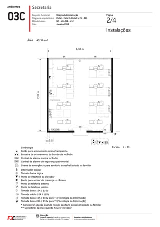 Ambientes
Respeite o Meio Ambiente.
Imprima somente o necessário
Atenção
Preserve a escala: Quando for imprimir, use
folhas A4 e desabilite a função “Fit to paper”
Secretaria
Página
2/403C Direção/Administração
Ciclo I - Ciclo II - Ciclo II + EM - EM
M3 - M6 - M9 - M12
Janeiro/2015
Conjunto funcional
Programa arquitetônico
Módulo básico
Data
Instalações
7,20m
6,30 m
1 : 75Escala
45,36 m²Área
GS-
PM-
SO-
EF- PE-
Simbologia
Interruptor bipolar
Tomada baixa lógica
Central de alarme incêndiocontraCAL
CAS Central de alarme de segurança patrimonial
Ponto para sensor de presença + câmera
Botão para acionamento sirene/campainha
Ponto de telefone público
Ponto de telefone externo
Ponto de interfone do elevador
Sirene de emergência para sanitário acessível isolado ou familiar*
Tomada baixa 10A / 110V
Botoeira de acionamento da bomba de incêndio
CAL CAS
IL-
IL-
IL-
IL-
IL-
IL-
IL-
IL-
impressora
**
Tomada média 10A / 110V
* Considerar apenas quando houver sanitário acessível isolado ou familiar
Tomada baixa 10A / 110V para TI (Tecnologia da Informação)
** Considerar apenas quando houver elevador
Tomada baixa 20A / 110V para TI (Tecnologia da Informação)
 